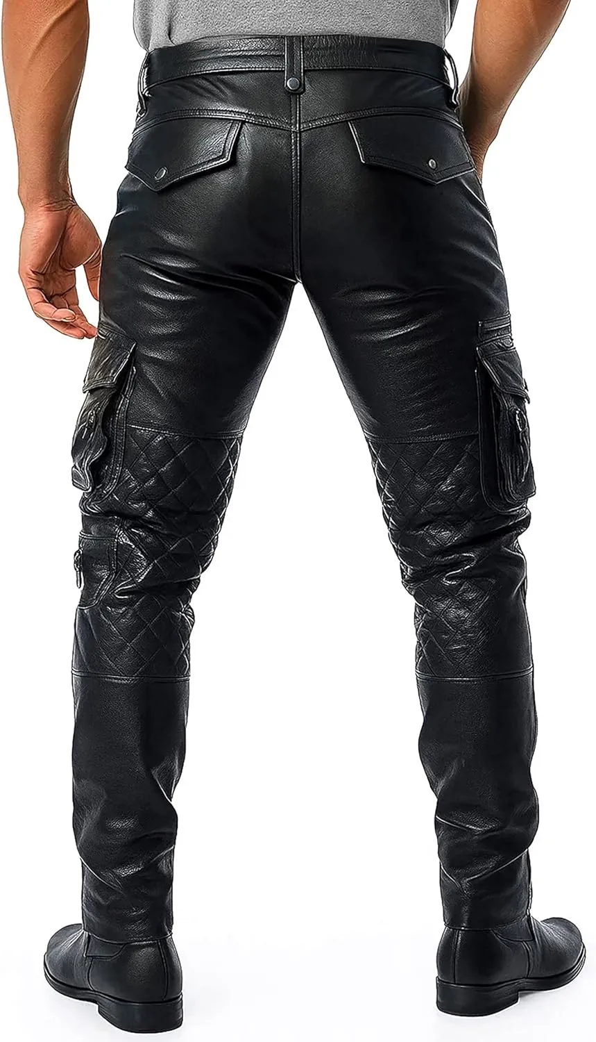 Men's Cargo Real Leather Pants - Black Genuine & Faux Leather Multi Pockets Motorcycle Quilted Pant for Men