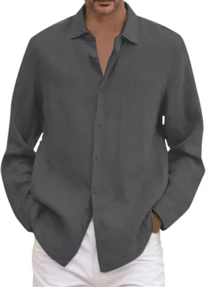 Mens Cotton Linen Shirts Long Sleeve Casual Shirt Summer Buttons Down Solid Plain Roll Up Sleeve Summer Beach