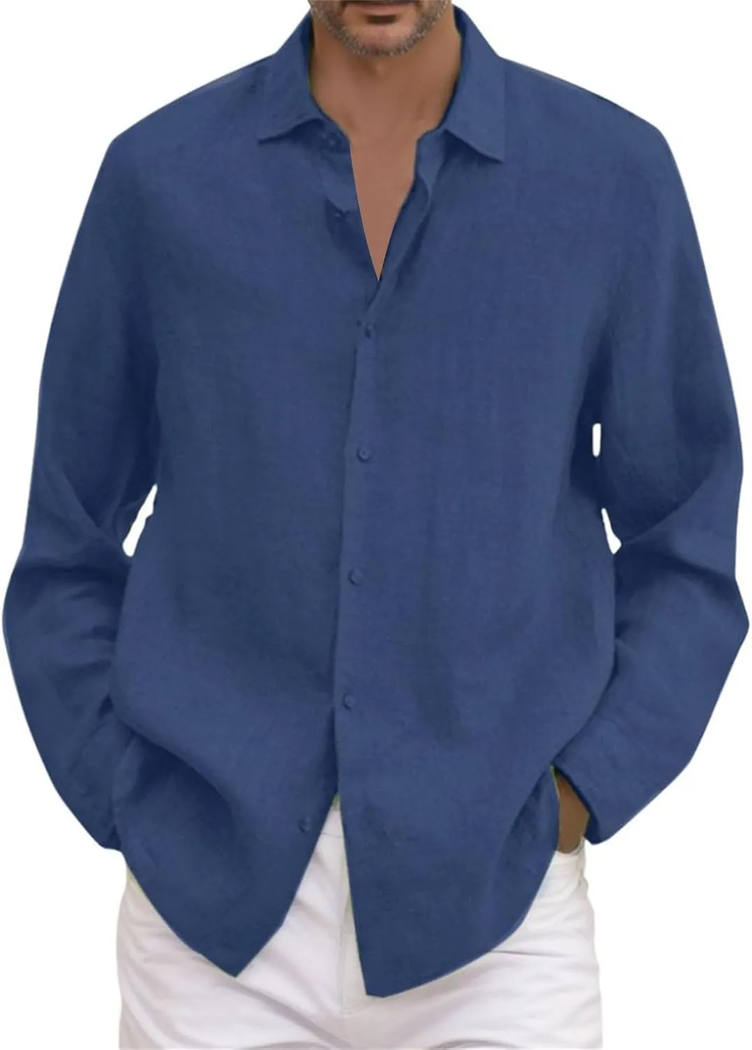 Mens Cotton Linen Shirts Long Sleeve Casual Shirt Summer Buttons Down Solid Plain Roll Up Sleeve Summer Beach