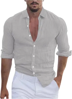 Mens Cotton Linen Shirts Long Sleeve Casual Shirt Summer Buttons Down Solid Plain Roll Up Sleeve Summer Beach