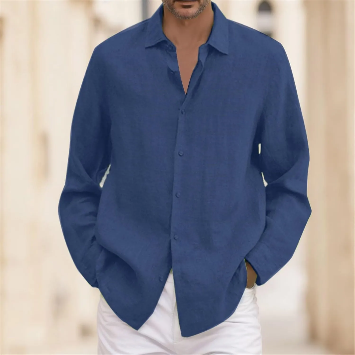 Mens Cotton Linen Shirts Long Sleeve Casual Shirt Summer Buttons Down Solid Plain Roll Up Sleeve Summer Beach