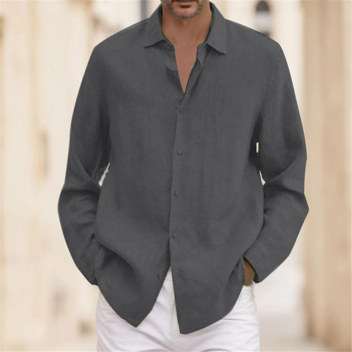 Mens Cotton Linen Shirts Long Sleeve Casual Shirt Summer Buttons Down Solid Plain Roll Up Sleeve Summer Beach