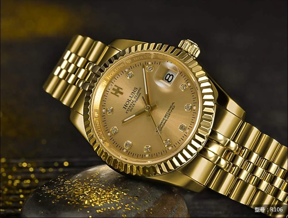 Mens Full Gold Watch Automatic Mechanical Gilded Steel Self-Wind Sapphire Glass Dress Waterproof Watch