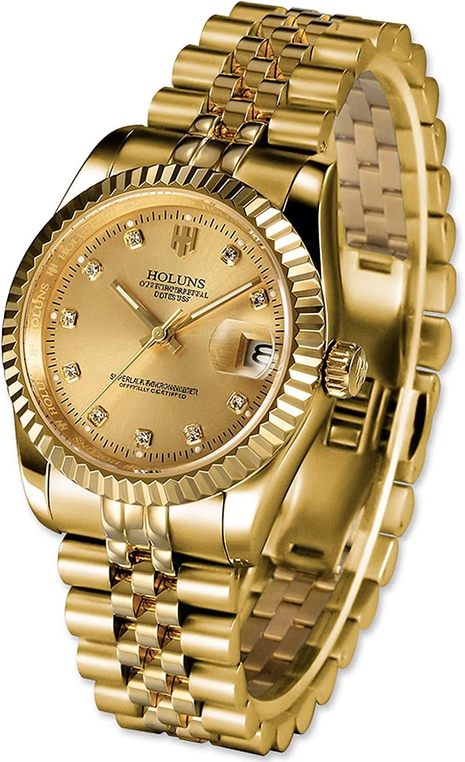 Mens Full Gold Watch Automatic Mechanical Gilded Steel Self-Wind Sapphire Glass Dress Waterproof Watch