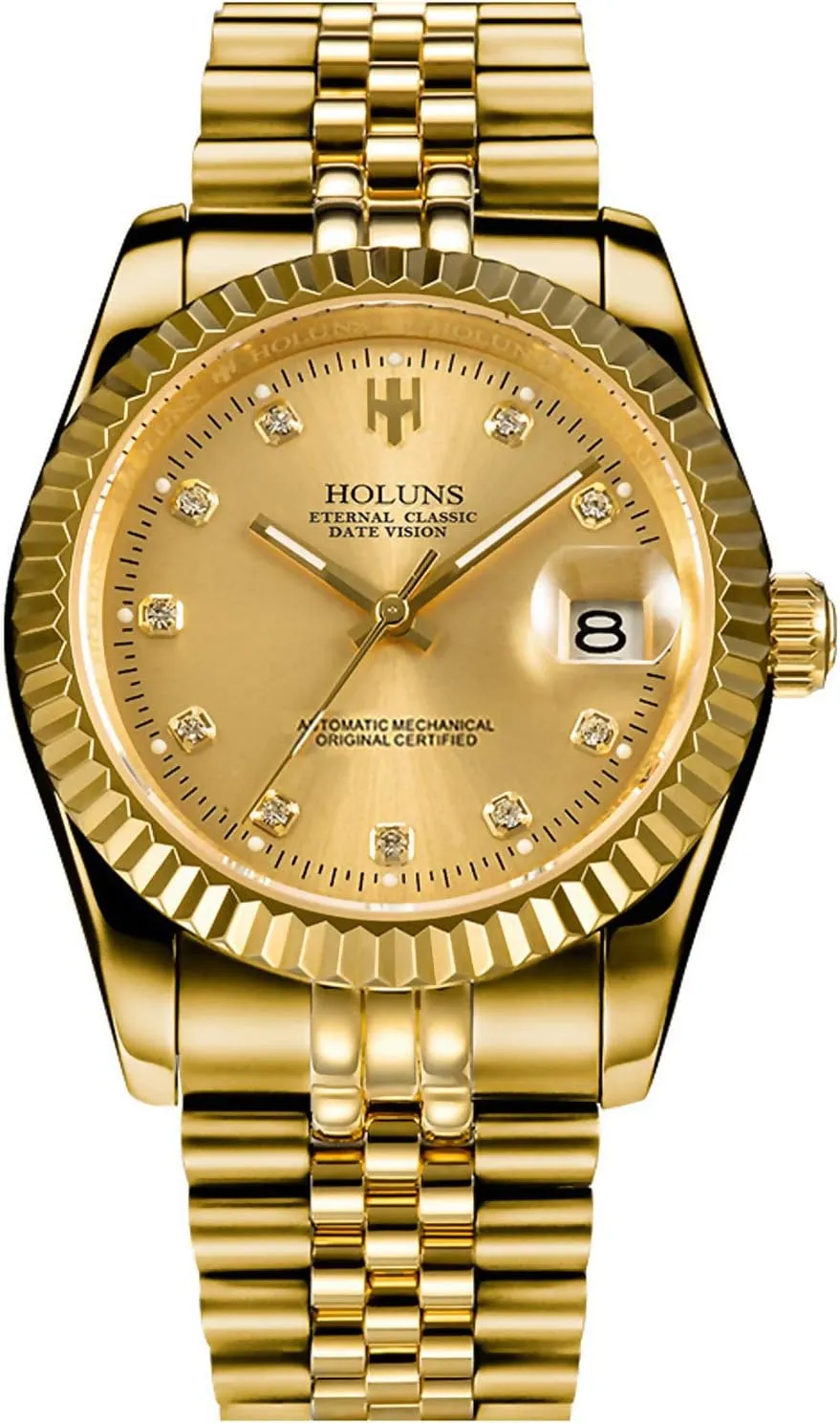 Mens Full Gold Watch Automatic Mechanical Gilded Steel Self-Wind Sapphire Glass Dress Waterproof Watch