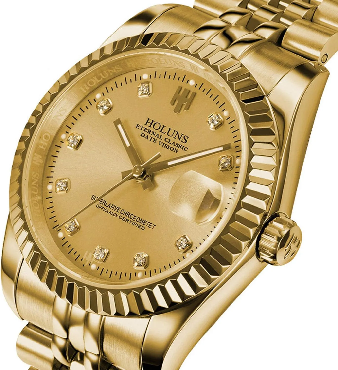 Mens Full Gold Watch Automatic Mechanical Gilded Steel Self-Wind Sapphire Glass Dress Waterproof Watch