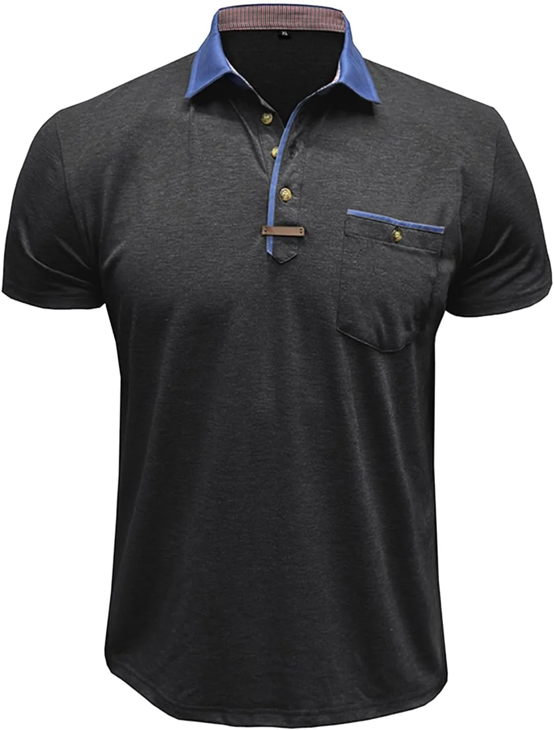 Men's Regular Fit Casual Short Sleeve Vintage Dual Tipped Collar Button Down Polo Shirt Golf Tee Shirts with Pocket