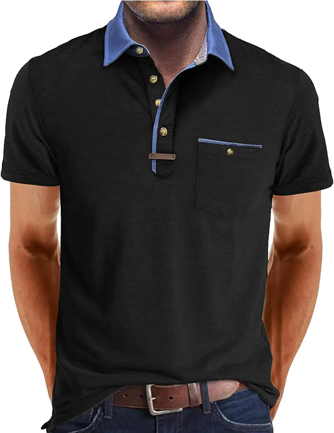 Men's Regular Fit Casual Short Sleeve Vintage Dual Tipped Collar Button Down Polo Shirt Golf Tee Shirts with Pocket