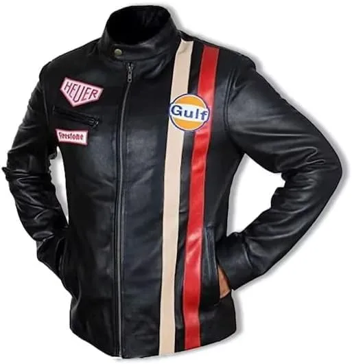 Mens Steve McQueen Jacket Le Mans Multi Colors Gulf Stripes Racing Biker Leather Jacket
