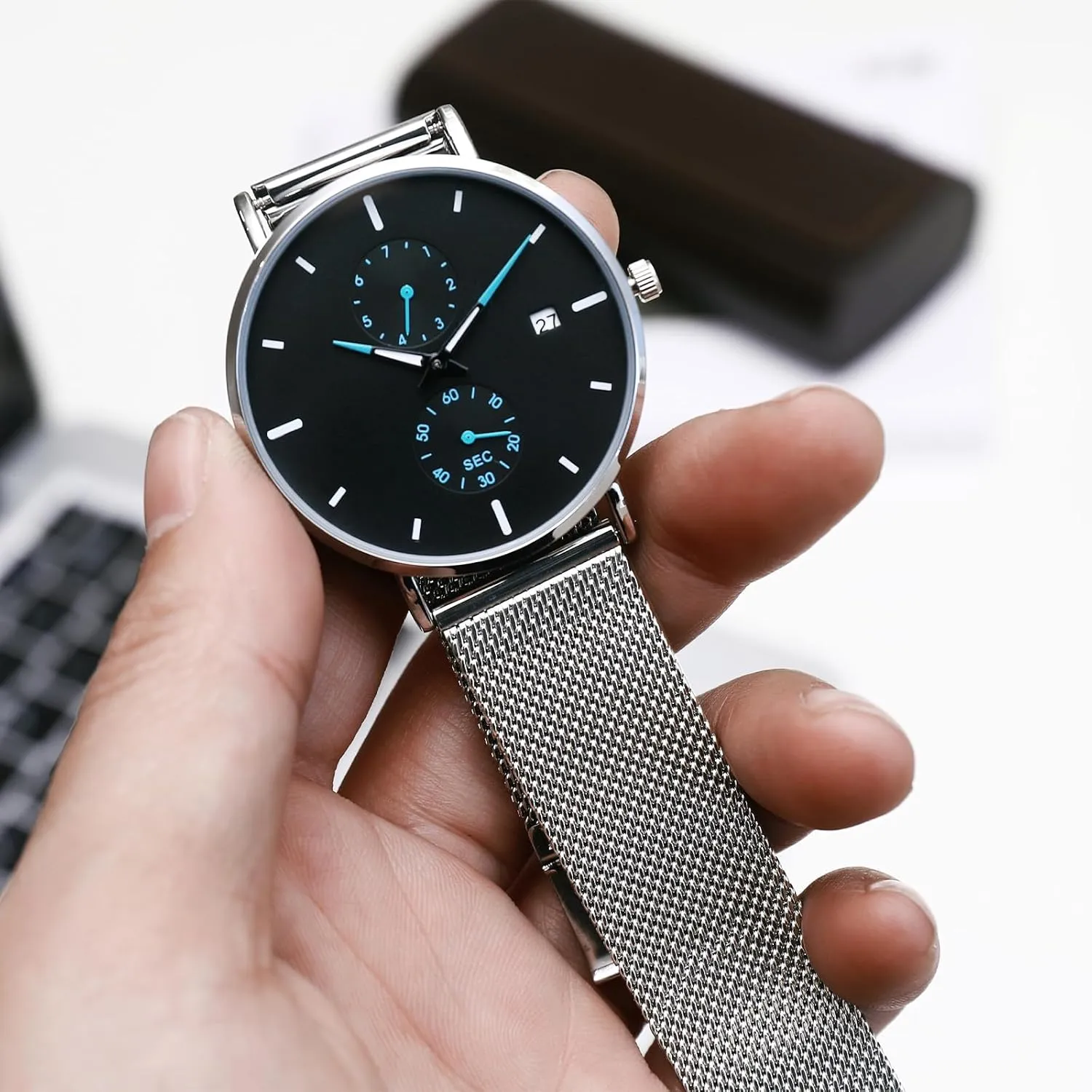Men's Watch Simple Men's Wrist Watch Simple Ultra-Thin Fashion Mesh Stainless Steel Quartz Date Watches for Men with Waterproof