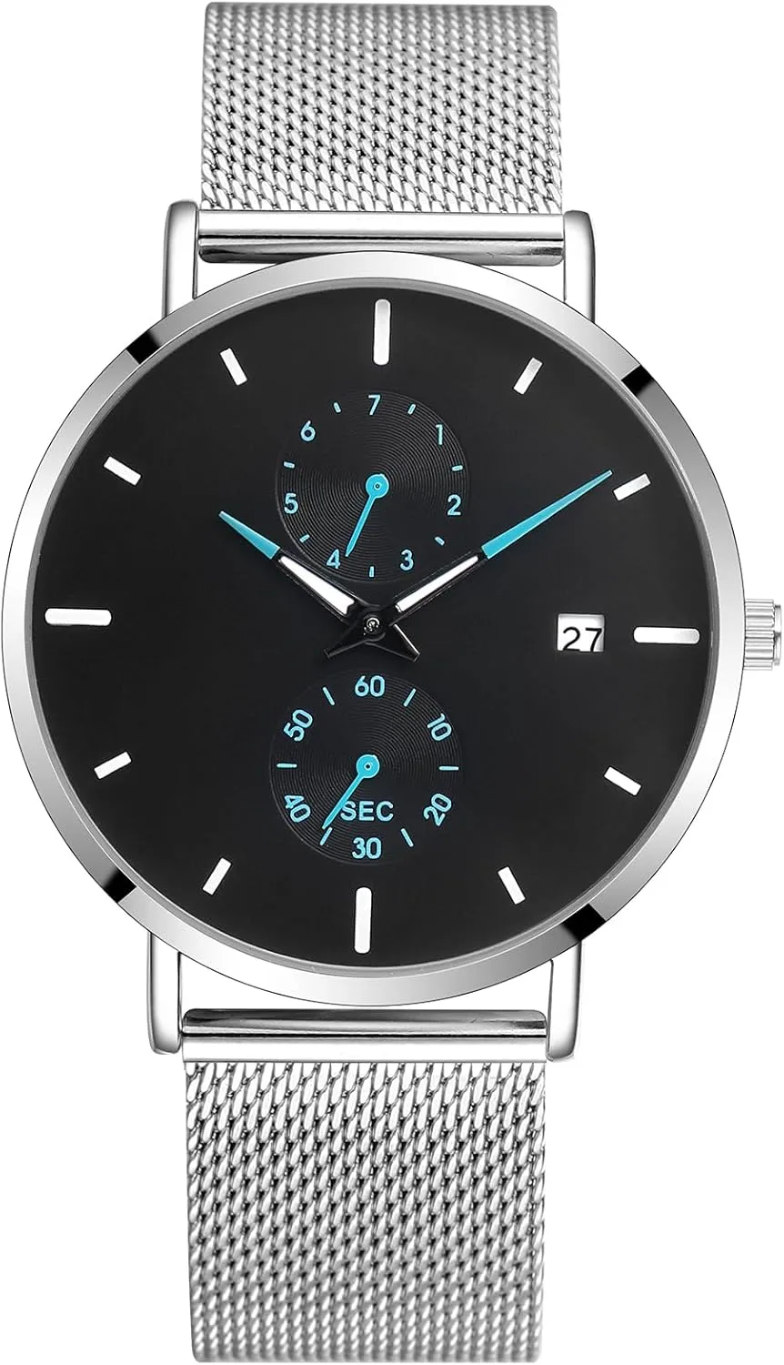 Men's Watch Simple Men's Wrist Watch Simple Ultra-Thin Fashion Mesh Stainless Steel Quartz Date Watches for Men with Waterproof