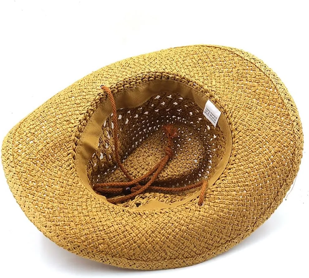 Men’s Western Cowboy Hat Wide Brim Shapeable Panama Straw Hat Summer Beach Sun Hat Outdoor Travel Cap with Chin Strap