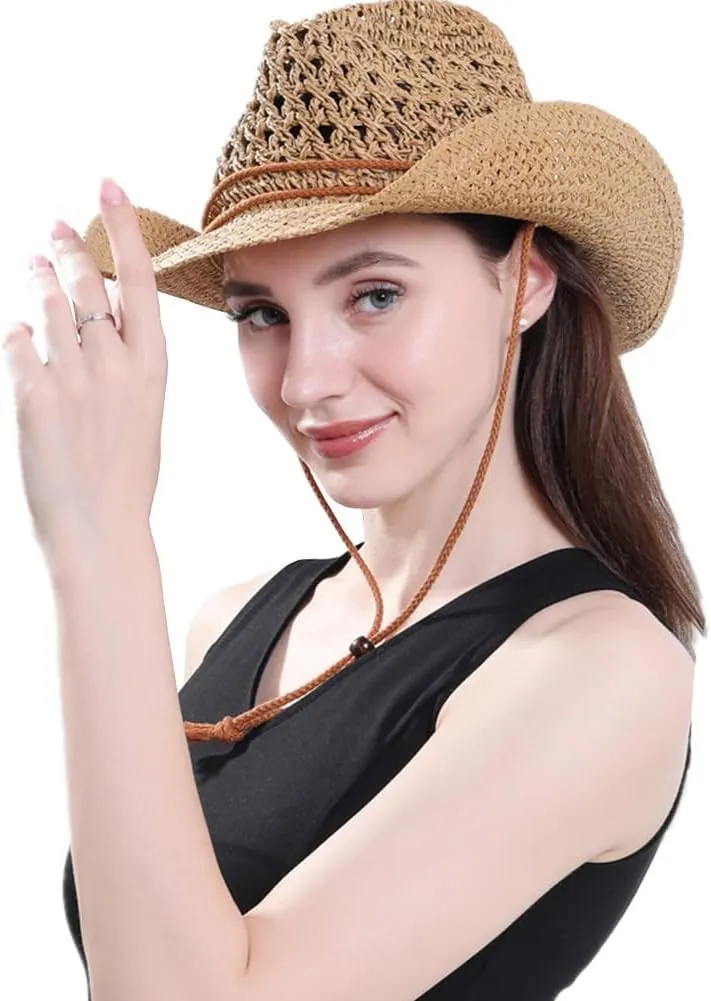 Men’s Western Cowboy Hat Wide Brim Shapeable Panama Straw Hat Summer Beach Sun Hat Outdoor Travel Cap with Chin Strap