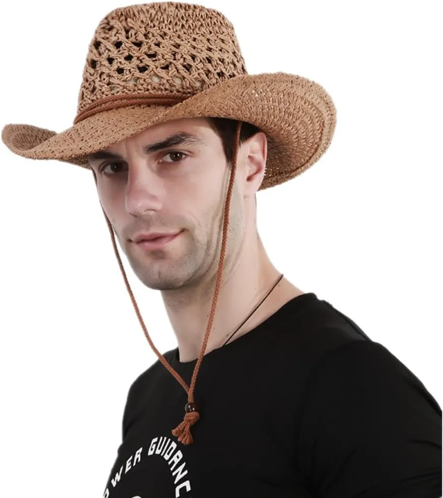 Men’s Western Cowboy Hat Wide Brim Shapeable Panama Straw Hat Summer Beach Sun Hat Outdoor Travel Cap with Chin Strap