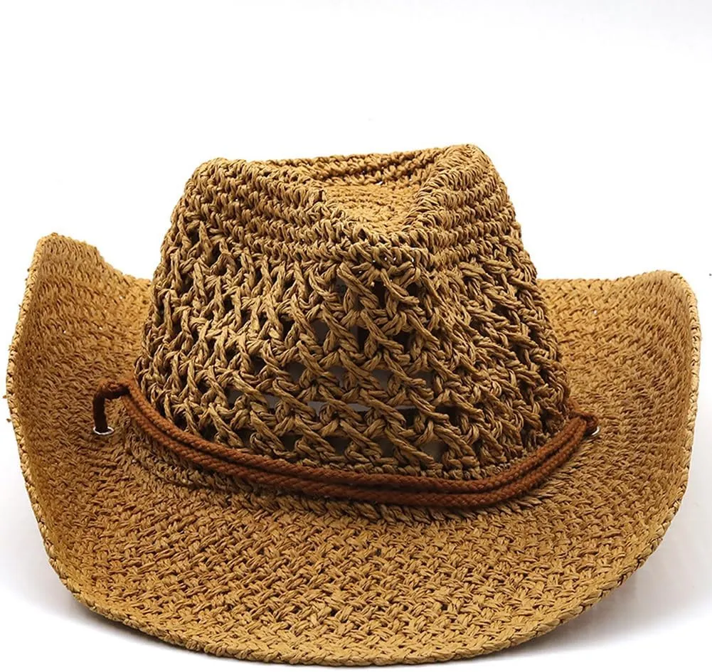 Men’s Western Cowboy Hat Wide Brim Shapeable Panama Straw Hat Summer Beach Sun Hat Outdoor Travel Cap with Chin Strap