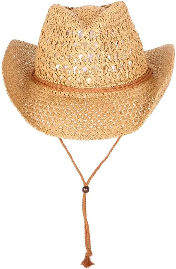 Men’s Western Cowboy Hat Wide Brim Shapeable Panama Straw Hat Summer Beach Sun Hat Outdoor Travel Cap with Chin Strap