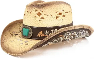 Men's Western Cowboy Hats，Women Cowgirl Straw Hats，Faux Suede Embroidered Sun Hats