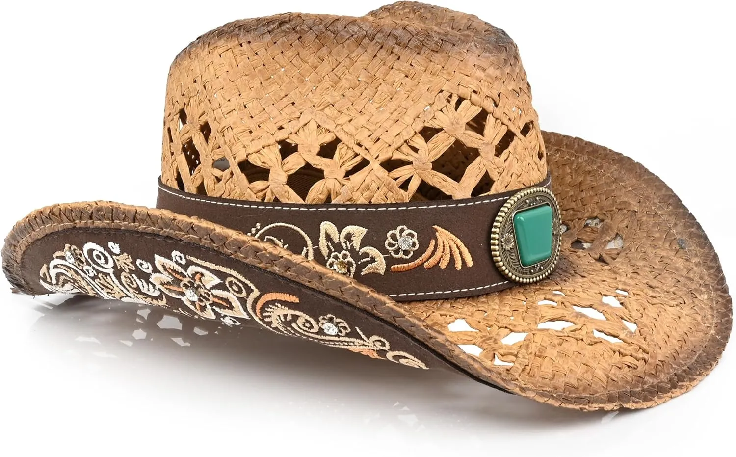 Men's Western Cowboy Hats，Women Cowgirl Straw Hats，Faux Suede Embroidered Sun Hats