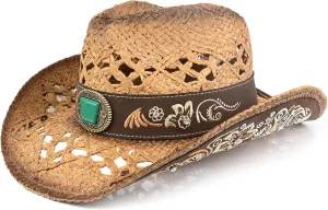 Men's Western Cowboy Hats，Women Cowgirl Straw Hats，Faux Suede Embroidered Sun Hats