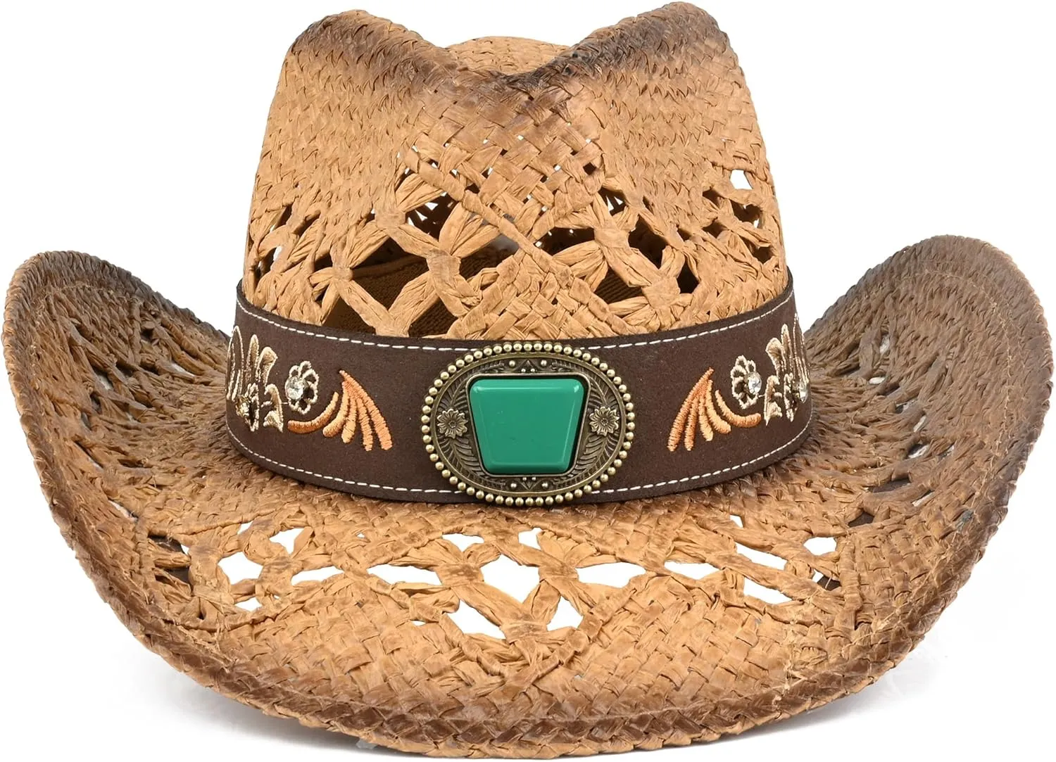 Men's Western Cowboy Hats，Women Cowgirl Straw Hats，Faux Suede Embroidered Sun Hats
