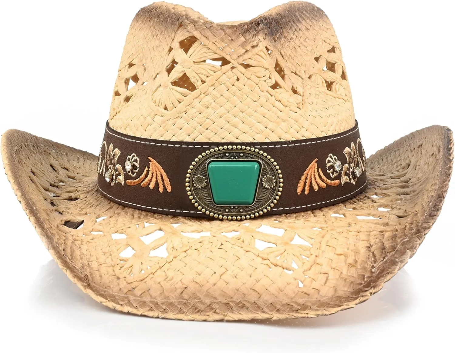 Men's Western Cowboy Hats，Women Cowgirl Straw Hats，Faux Suede Embroidered Sun Hats