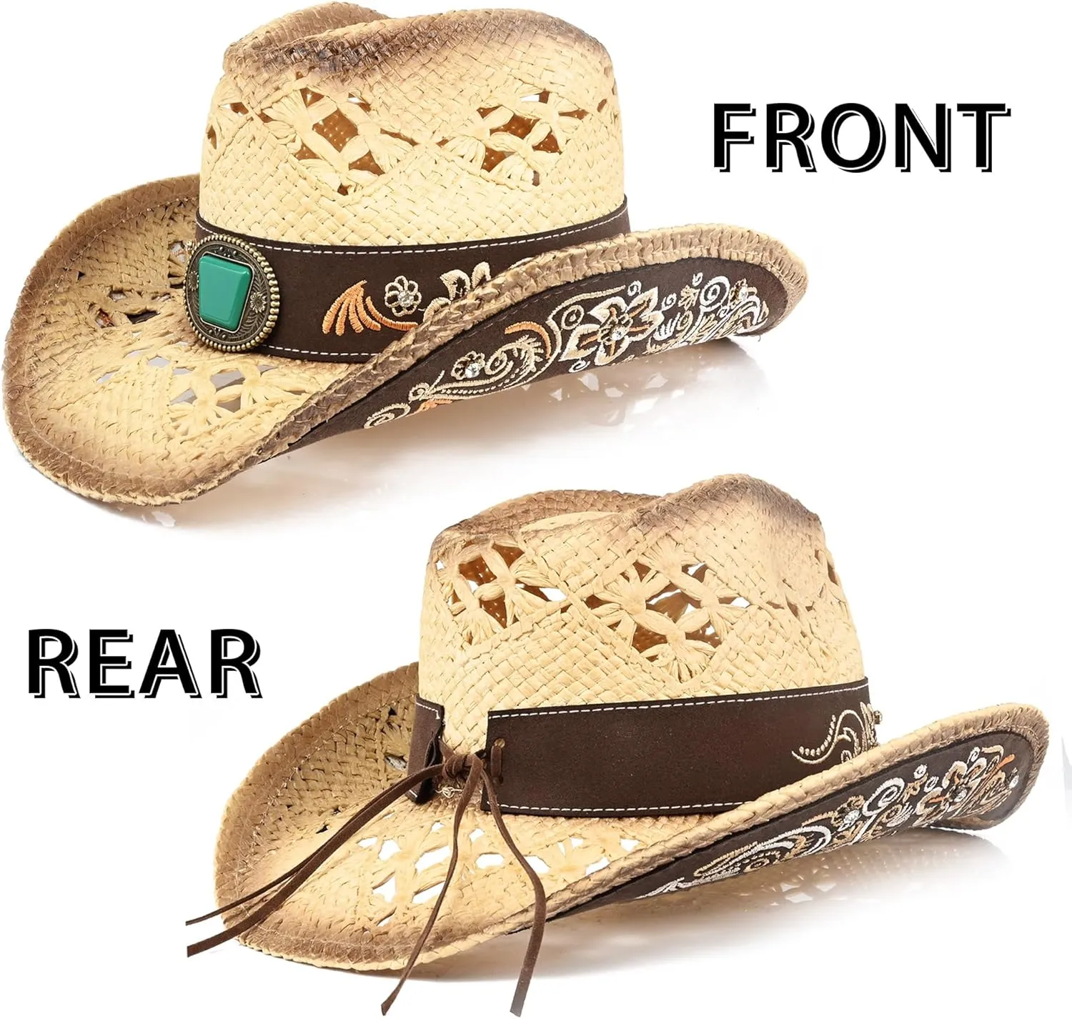 Men's Western Cowboy Hats，Women Cowgirl Straw Hats，Faux Suede Embroidered Sun Hats