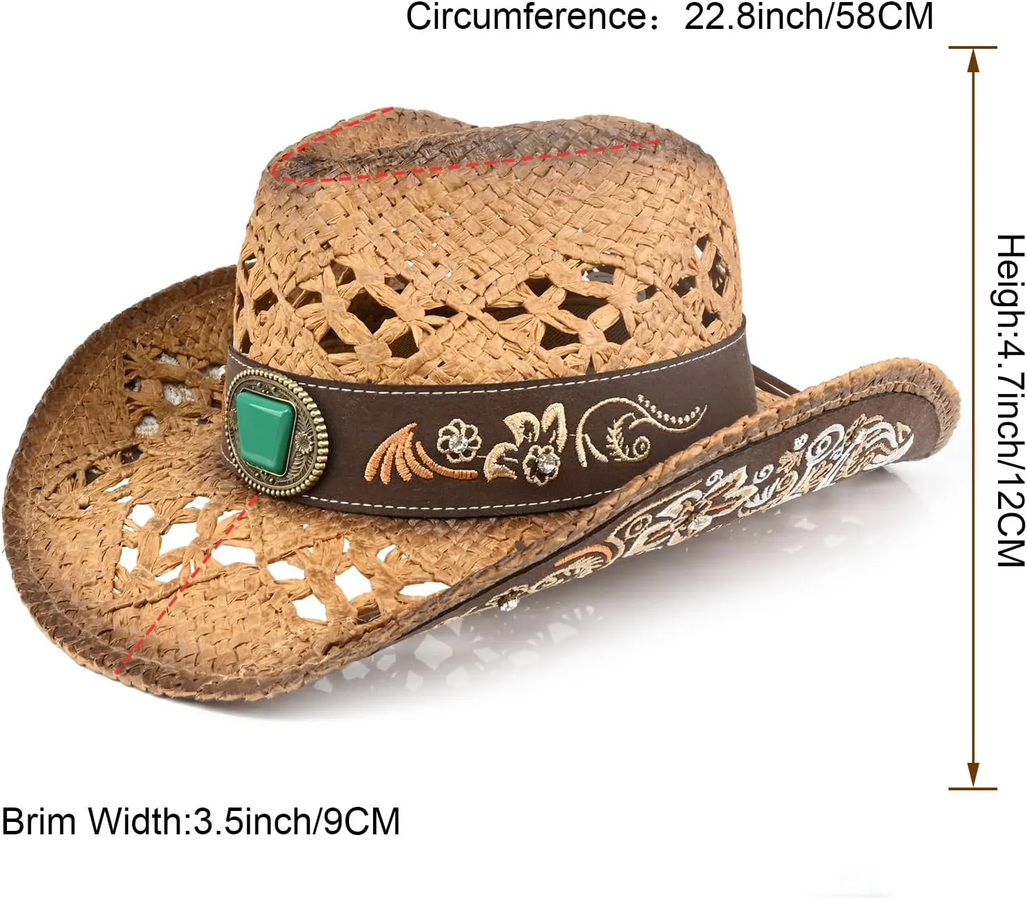 Men's Western Cowboy Hats，Women Cowgirl Straw Hats，Faux Suede Embroidered Sun Hats