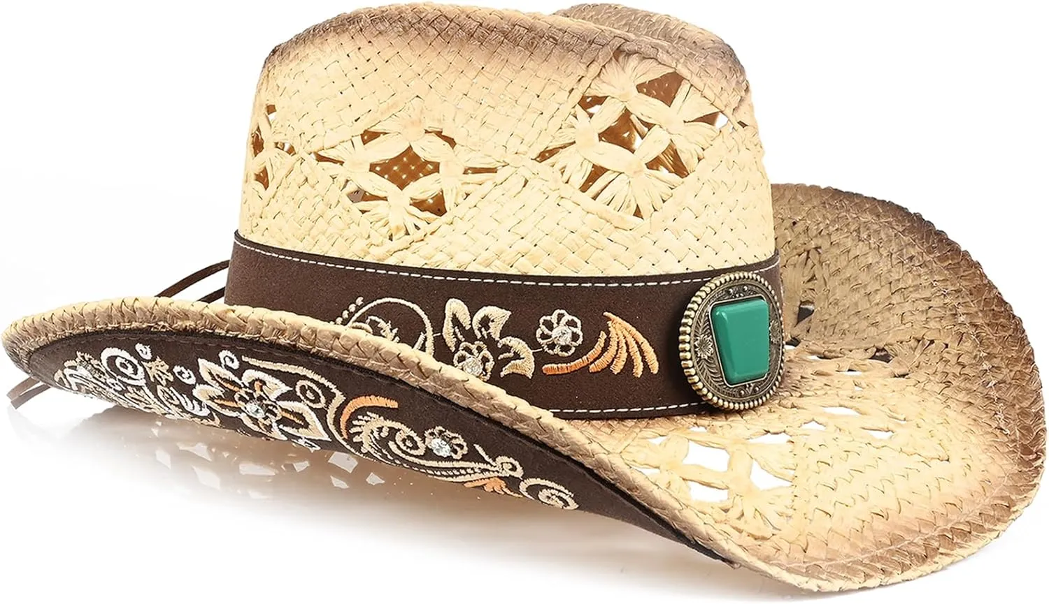 Men's Western Cowboy Hats，Women Cowgirl Straw Hats，Faux Suede Embroidered Sun Hats