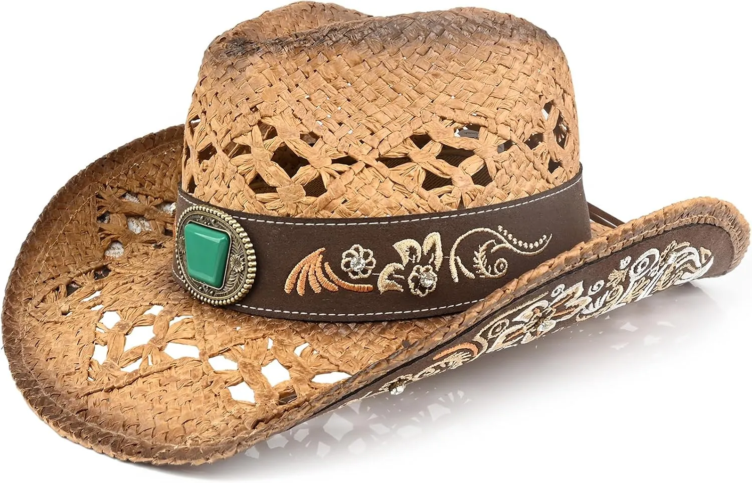 Men's Western Cowboy Hats，Women Cowgirl Straw Hats，Faux Suede Embroidered Sun Hats