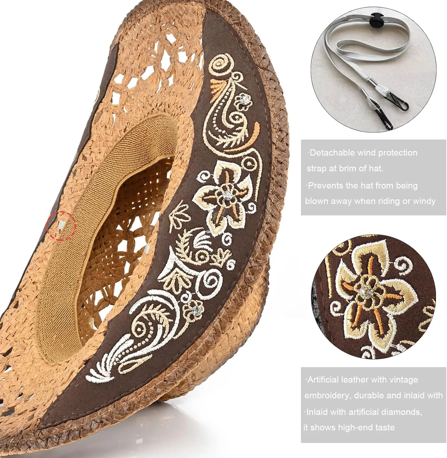 Men's Western Cowboy Hats，Women Cowgirl Straw Hats，Faux Suede Embroidered Sun Hats