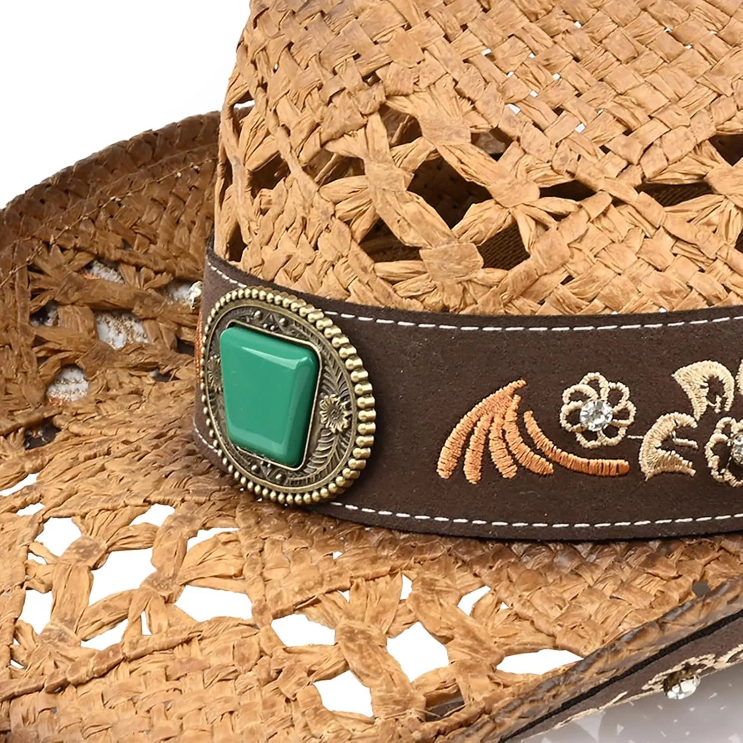 Men's Western Cowboy Hats，Women Cowgirl Straw Hats，Faux Suede Embroidered Sun Hats