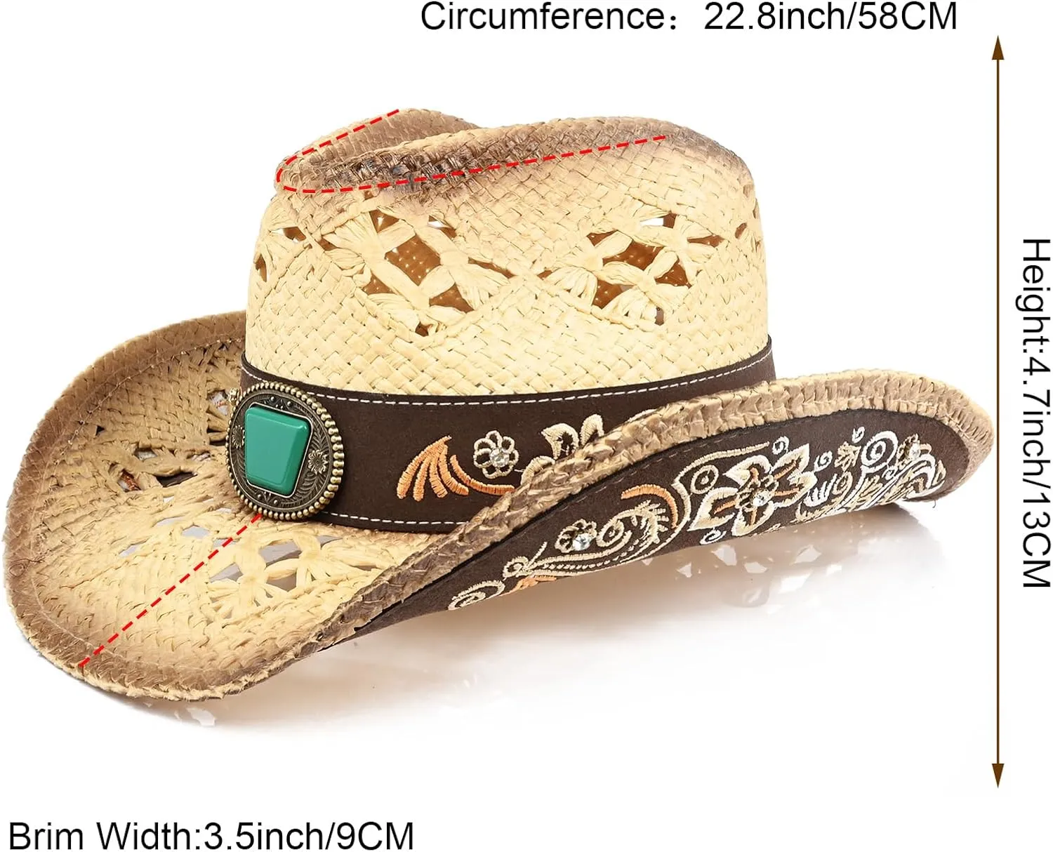 Men's Western Cowboy Hats，Women Cowgirl Straw Hats，Faux Suede Embroidered Sun Hats