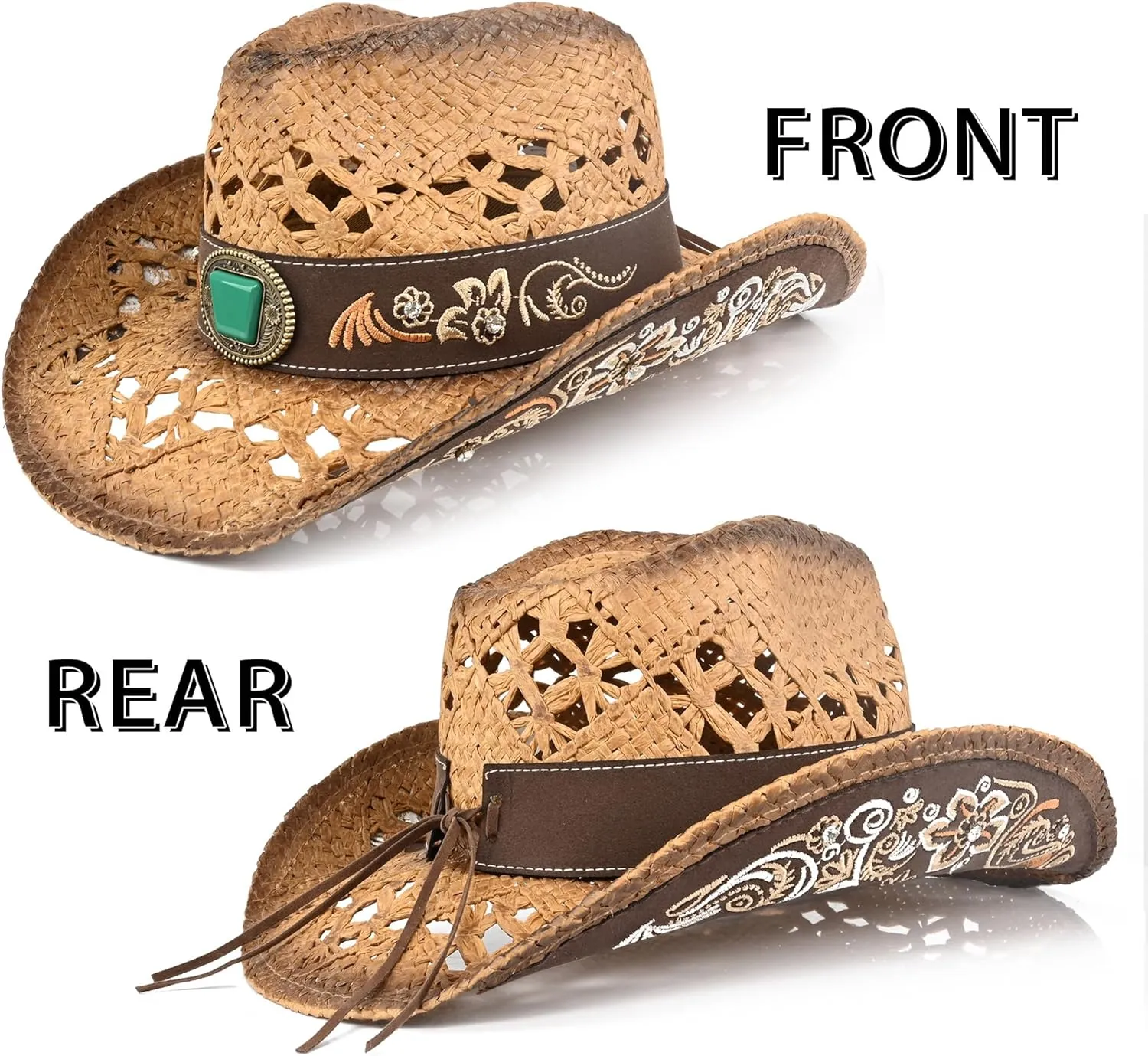 Men's Western Cowboy Hats，Women Cowgirl Straw Hats，Faux Suede Embroidered Sun Hats