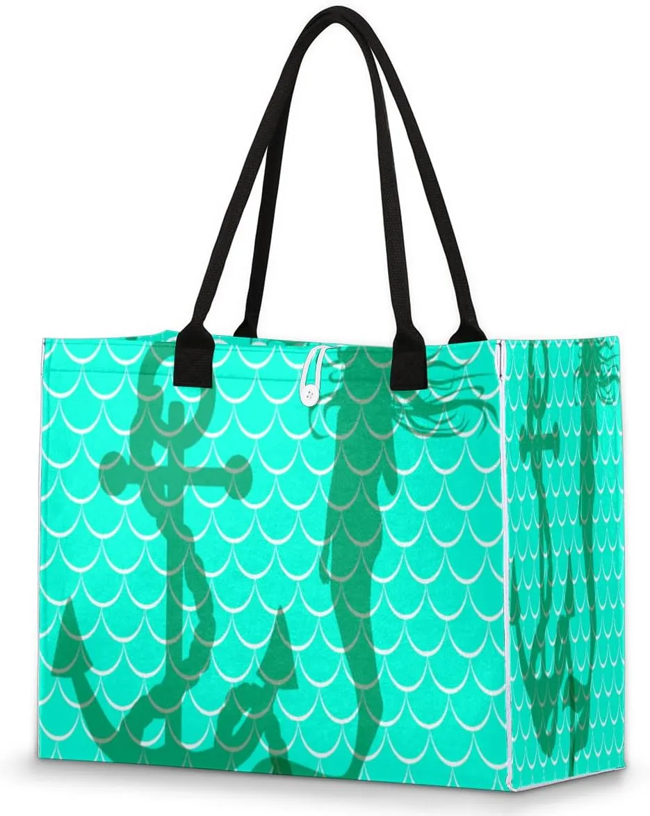 Mermaid Scale Teal Turquoise Large Tote Bag Shoulder Bag For Women Teachers Nurses Work Shopping Travel Handbag Purse