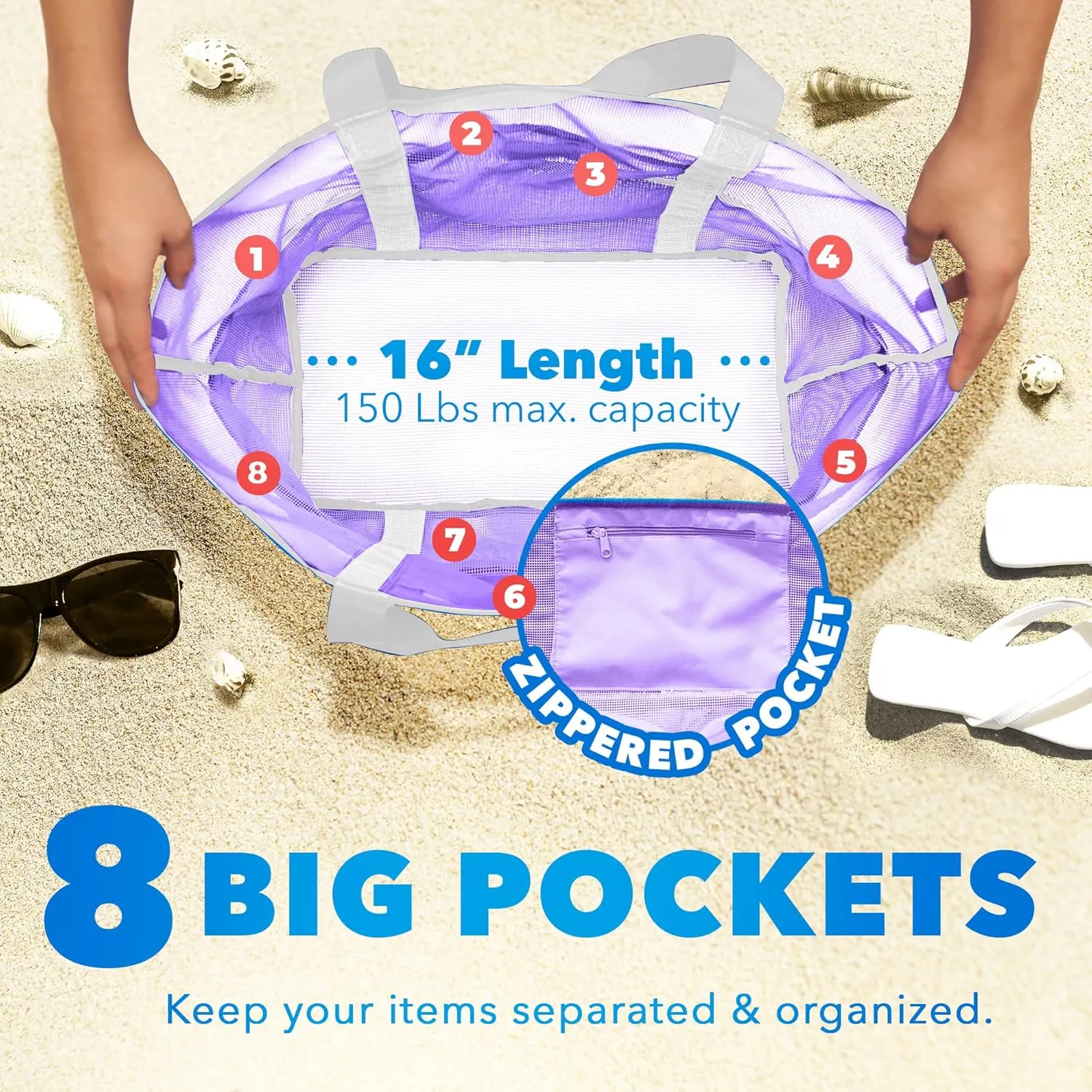 Mesh Sand Free Bag - Strong Lightweight Bag For Beach & Vacation Essentials. Tons of Storage!