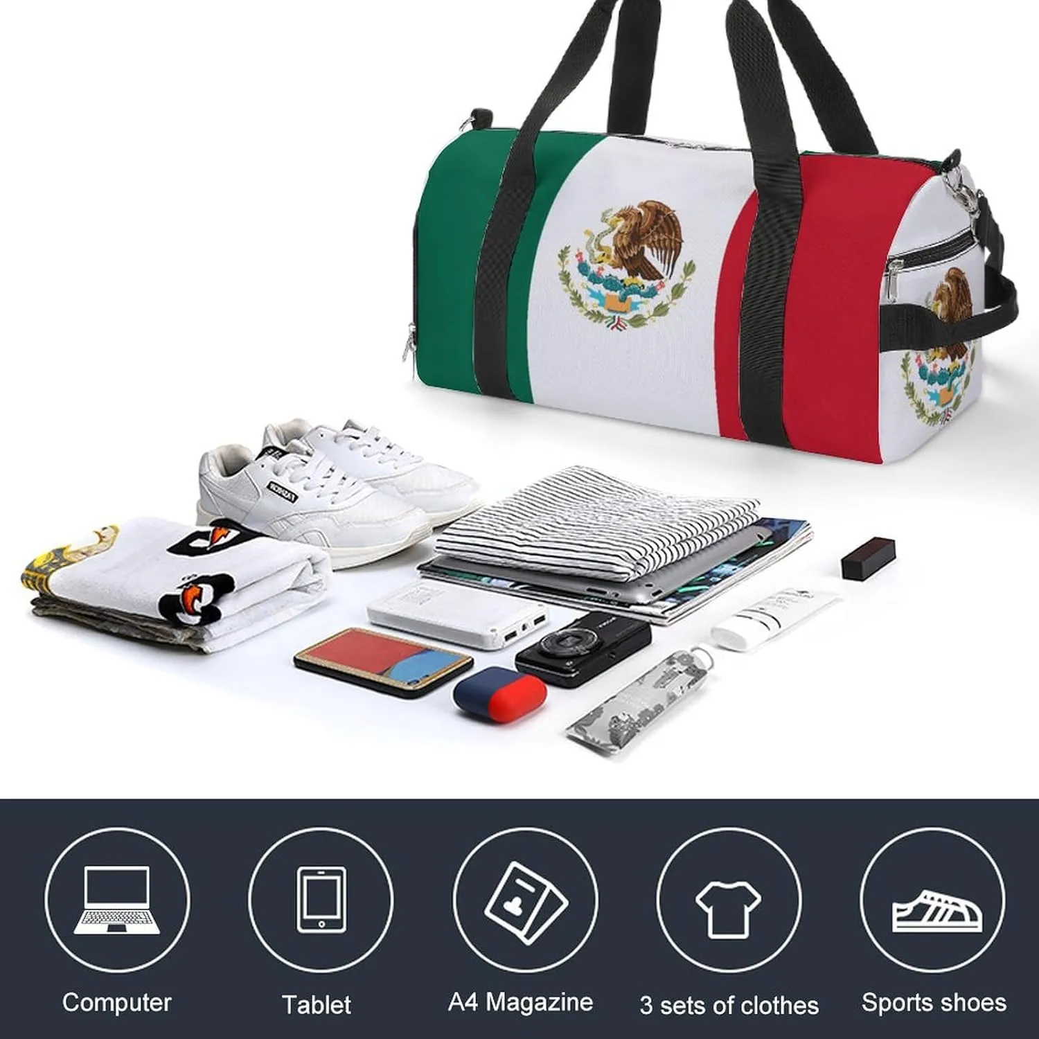 Mexican Flag Duffel Bag for Men Women with Shoe Compartment Weekender Tote