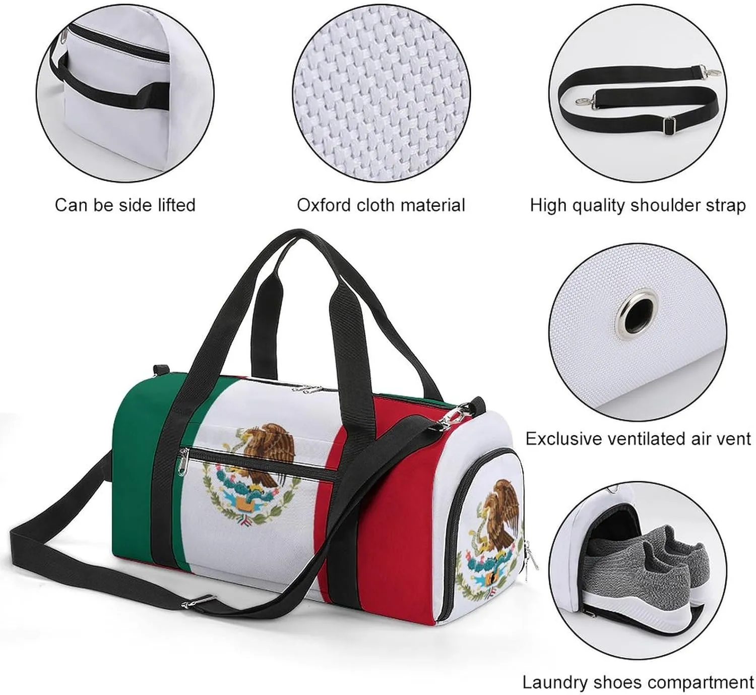 Mexican Flag Duffel Bag for Men Women with Shoe Compartment Weekender Tote