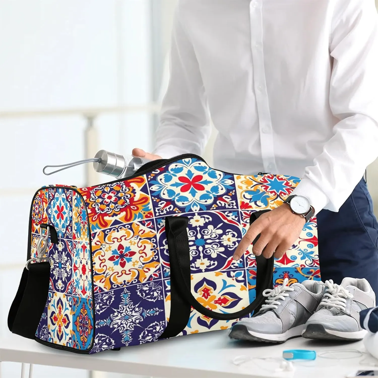 Mexican Talavera Tile Travel Duffle Bag, Sports Gym Bags for Women Men, Carry On Weekender Overnight Workout Airplane Trips Bag