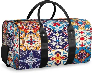Mexican Talavera Tile Travel Duffle Bag, Sports Gym Bags for Women Men, Carry On Weekender Overnight Workout Airplane Trips Bag