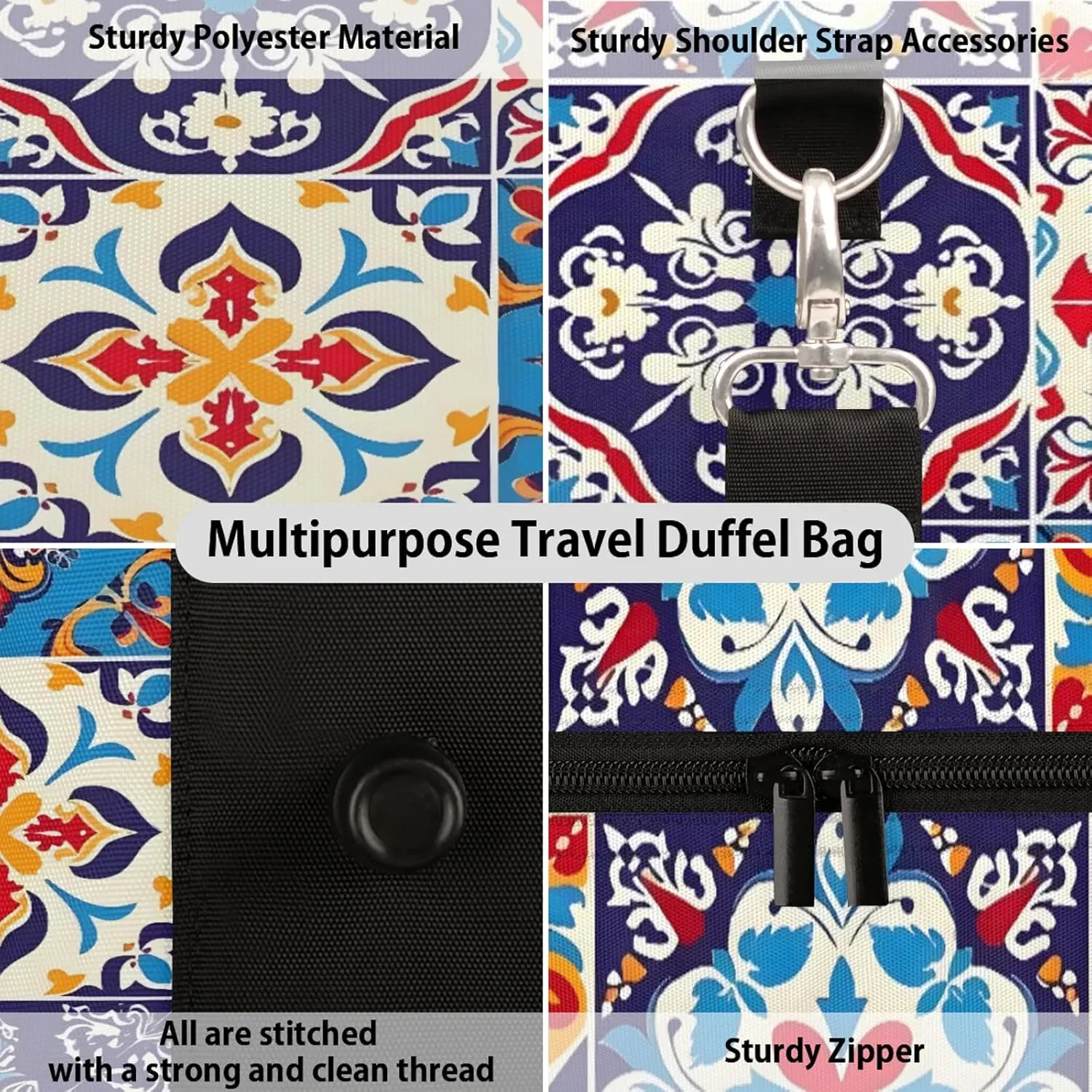 Mexican Talavera Tile Travel Duffle Bag, Sports Gym Bags for Women Men, Carry On Weekender Overnight Workout Airplane Trips Bag
