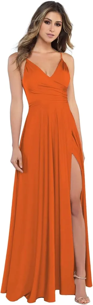 Miao Duo Women's V Neck Satin Bridesmaid Dresses with Slit Spaghetti Straps Formal Prom Gowns with Pockets MDPM96