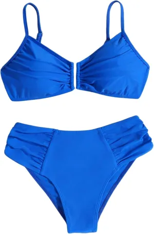 Milumia Girl's Swimsuit 2 Piece Pleated Spaghetti Strap Wired Bikini Set Beach Swimwear