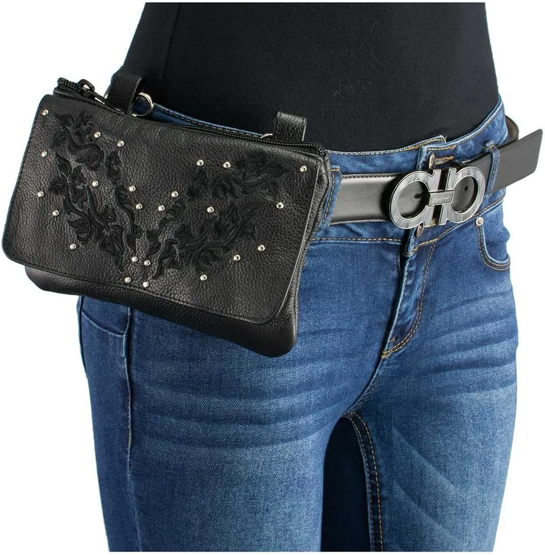 Milwaukee Leather MP8853 Women's 'Flower' Black Leather Multi Pocket Belt Bag
