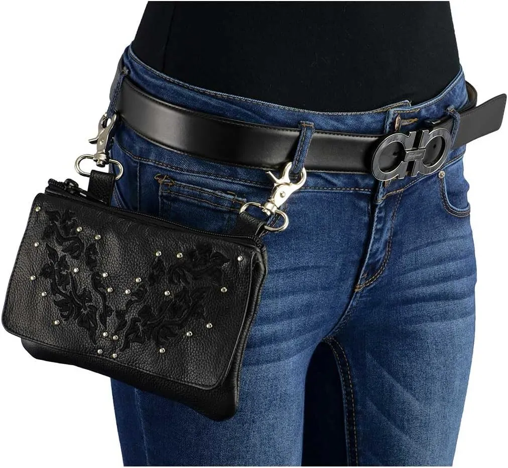Milwaukee Leather MP8853 Women's 'Flower' Black Leather Multi Pocket Belt Bag