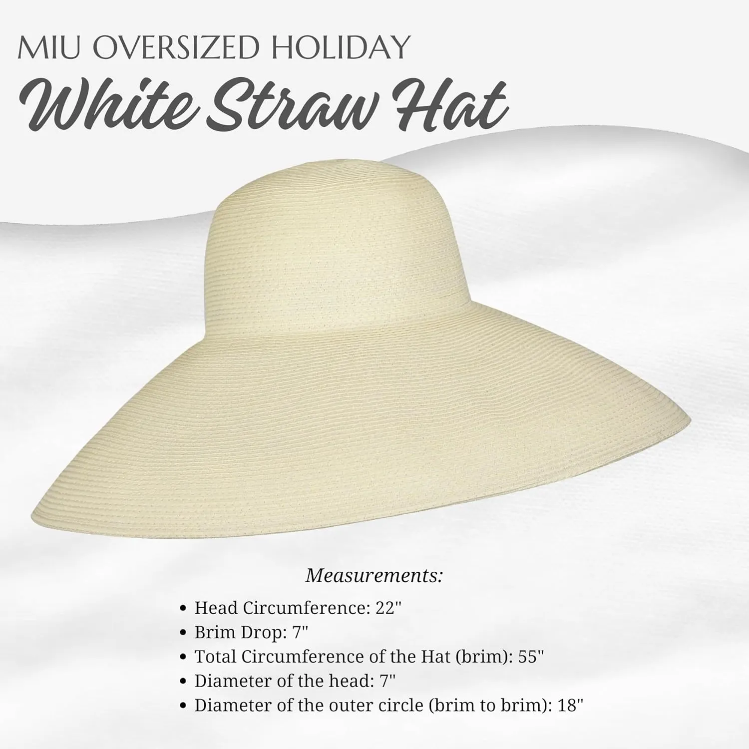MIU Audrey Hepburn Hat for Women - Wide Brim, Adjustable, 100% White Straw Hat - Perfect for Beach Holiday