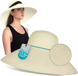 MIU Audrey Hepburn Hat for Women - Wide Brim, Adjustable, 100% White Straw Hat - Perfect for Beach Holiday