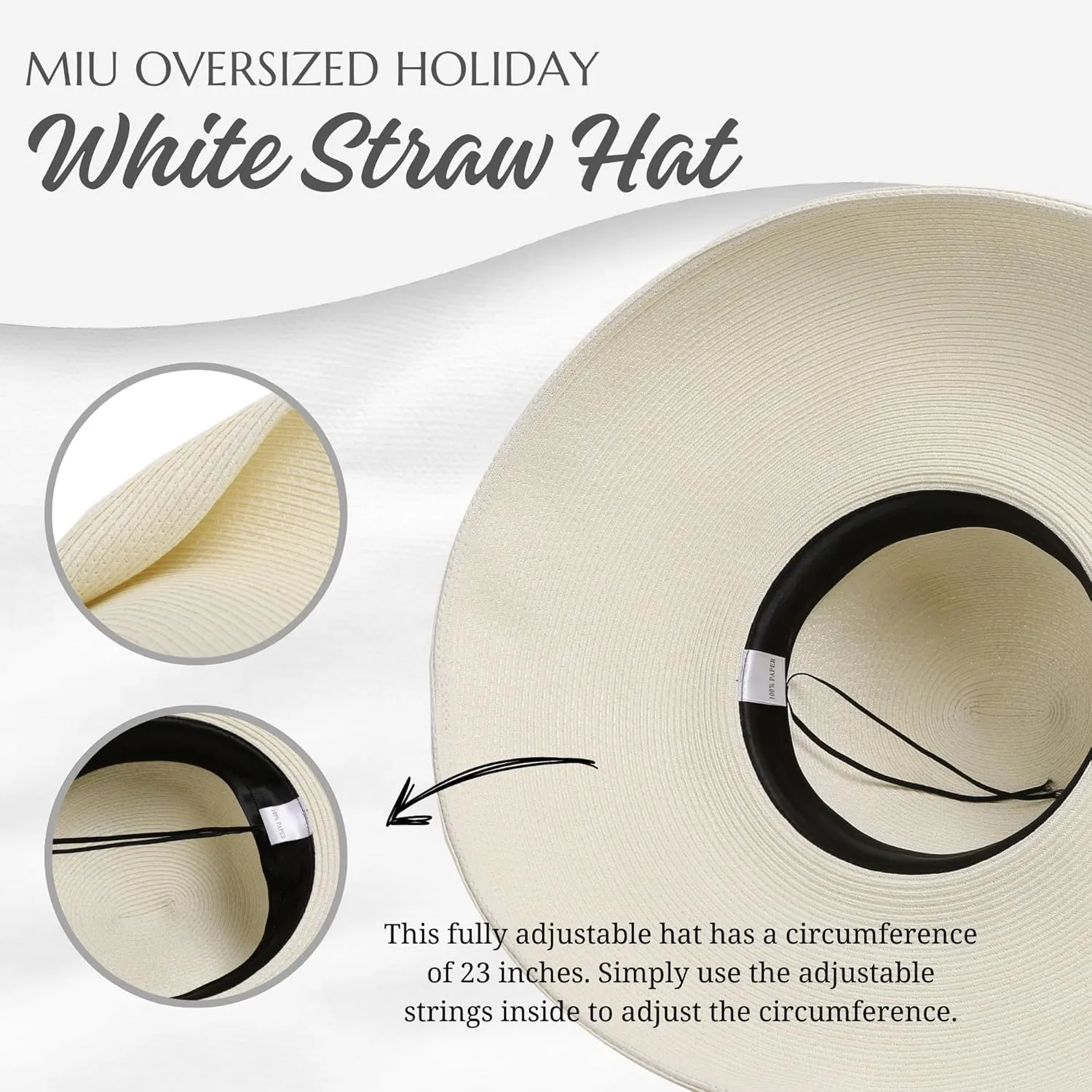MIU Audrey Hepburn Hat for Women - Wide Brim, Adjustable, 100% White Straw Hat - Perfect for Beach Holiday