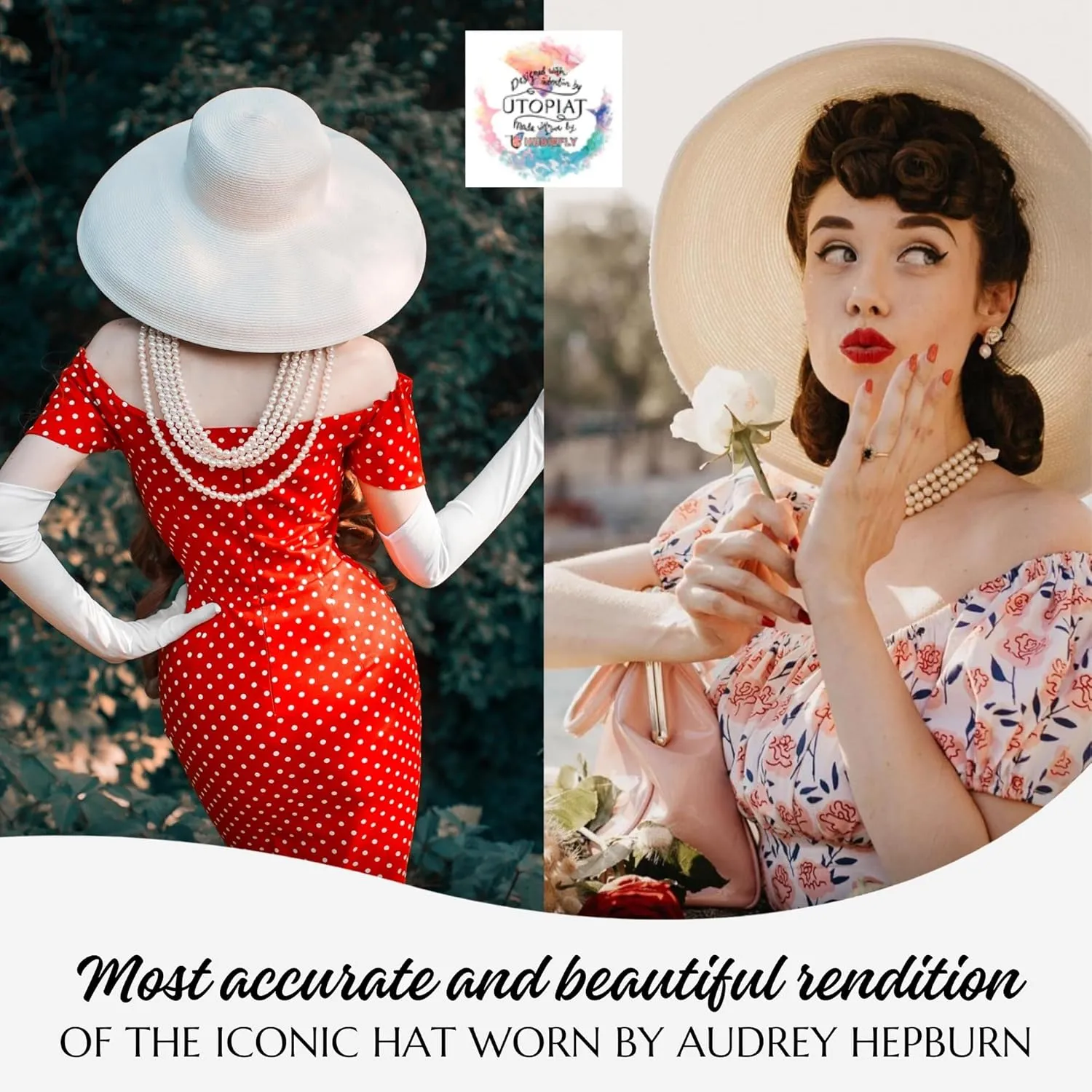 MIU Audrey Hepburn Hat for Women - Wide Brim, Adjustable, 100% White Straw Hat - Perfect for Beach Holiday