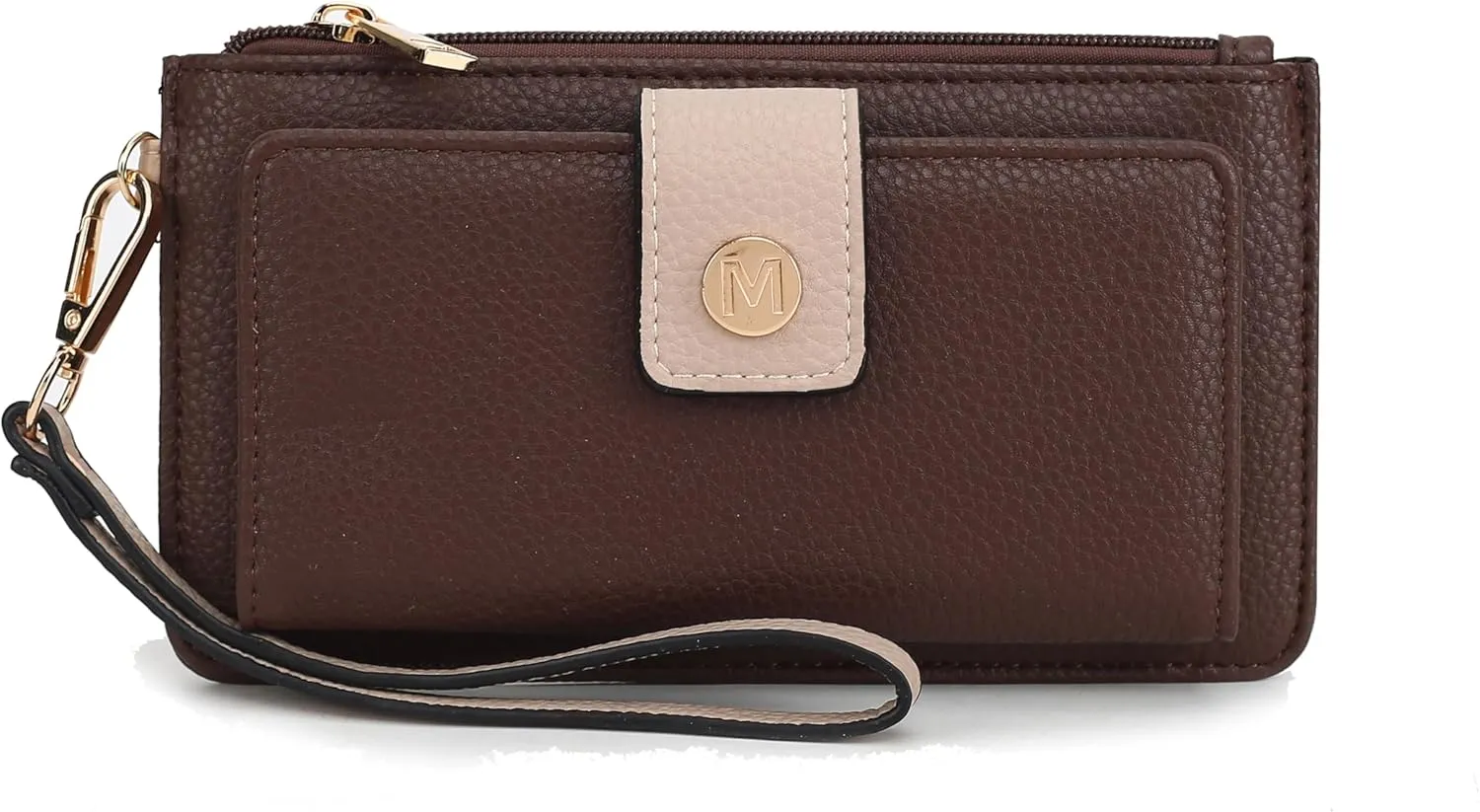 MKF Collection Wallet Wristlet for Women, Multi Compartment Color Block Wristlet Strap Purse Coffee Taupe By Mia K