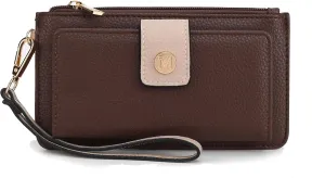 MKF Collection Wallet Wristlet for Women, Multi Compartment Color Block Wristlet Strap Purse Coffee Taupe By Mia K